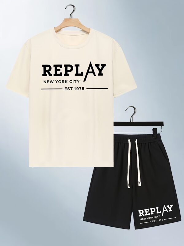 Men'S Casual "REPLAY" Graphic T-Shirt & Shorts Set - Navy Blue Tee with "REPLAY NEW YORK CITY EST 50.16meter Print, Black Drawstring Shorts, Perfect for Summer, Casual Attire|Graphic Print Tee|Lightweight Fabric - Image 2