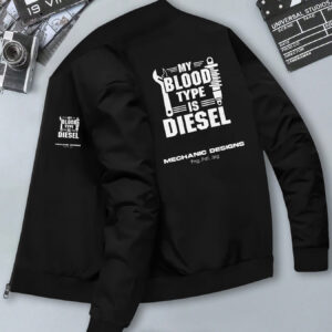 Men'S Slim Fit Zip-Up Jacket with "MY BLOOD TYPE IS DIESEL" Print - Casual Stand Collar, Polyester, Perfect for Spring & Fall, Sporty Design with Ribbed Cuffs & Hem, Machine Washable, Trendy Outerwear | Geometric Print Jacket | Glossy Finish Jacket