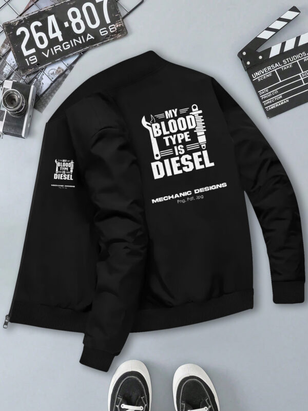 Men'S Slim Fit Zip-Up Jacket with "MY BLOOD TYPE IS DIESEL" Print - Casual Stand Collar, Polyester, Perfect for Spring & Fall, Sporty Design with Ribbed Cuffs & Hem, Machine Washable, Trendy Outerwear | Geometric Print Jacket | Glossy Finish Jacket