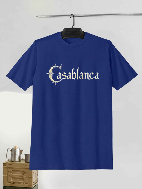 Men's Casablanca Gothic Print T-Shirt - Royal Blue Short Sleeve Summer Tee, Round Neck, Polyester Blend, Geometric Design, Machine Washable, Retro T Shirt