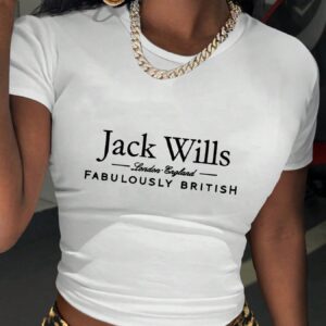 Jack Willis Fabulously British Crop Top T-Shirt - Black with Golden Lettering, Y2K Style, Women'S Casual Summer Tee for Spring and Fall, Seasonal Fashion | Y2K Fashion | Letter Print Top, Ladies T Shirts