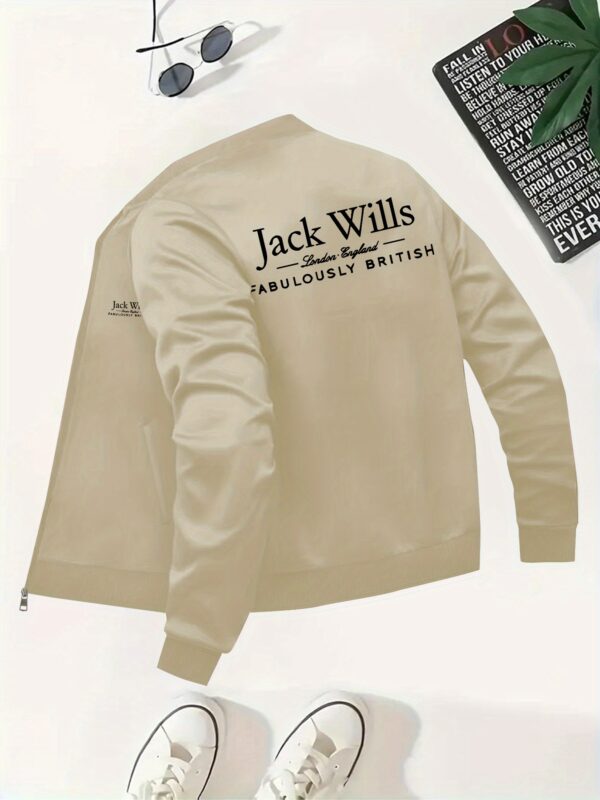 Women'S Trendy Jacket with "Jack Wills Fabulously British" Print - Casual Zip-Up Bomber Jacket, Stand Collar, Long Sleeve, Beige, Perfect for Fall/Winter, Jacket for Women