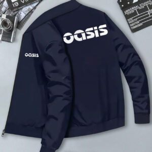Oasis Band Men'S Zip-Up Jacket - Navy Blue, Casual Stand Collar, Polyester, "Oasis" Print, Perfect for Spring & Fall, Sporty Versatile Design with Ribbed Cuffs & Hem, Machine Washable, Casual Outerwear | Trendy Bomber Jacket | Polyester Jacket