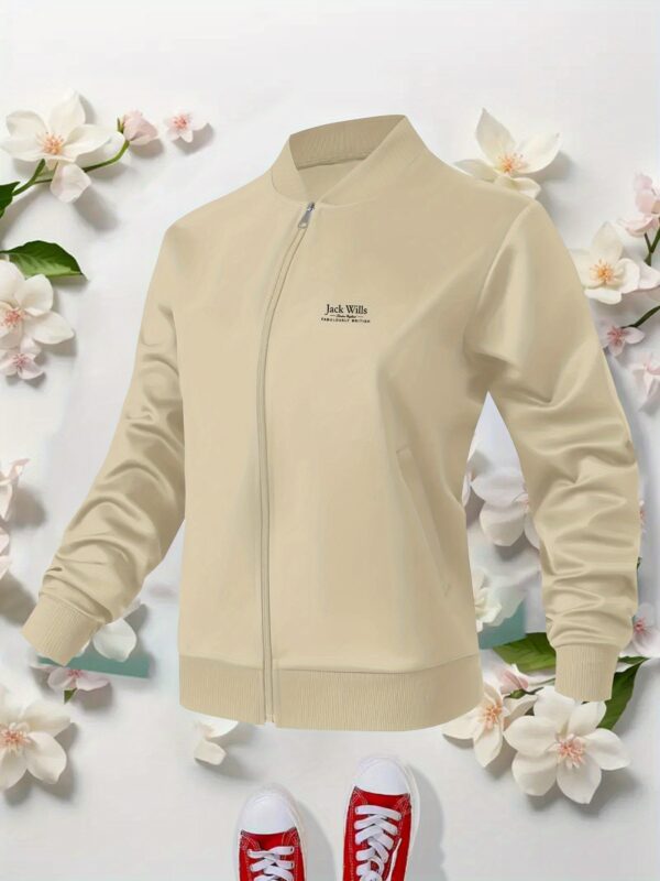 Women'S Trendy Jacket with "Jack Wills Fabulously British" Print - Casual Zip-Up Bomber Jacket, Stand Collar, Long Sleeve, Beige, Perfect for Fall/Winter, Jacket for Women - Image 7