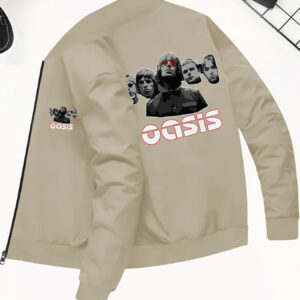 Men's Oasis Band Character Print Slim-Fit Bomber Jacket - Beige Vintage Streetwear Zip-Up Coat with Stand Collar & Pockets, Machine Washable Polyester for Autumn Winter Casual Outerwear, Streetwear Fashion | Casual Style Jacket | Knit Texture