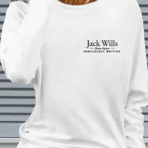 Women'S Y2K Graphic Long Sleeve T-Shirt - "Jack Wills Fabulously British" Print, Soft & Stretchy Casual Top, White with Black Lettering, Perfect for Casual Attire, Ladies T
