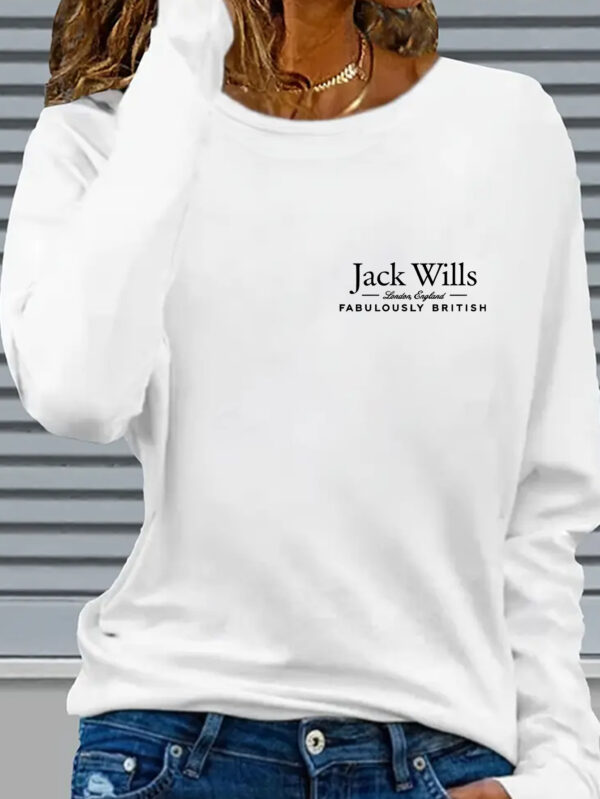 Women'S Y2K Graphic Long Sleeve T-Shirt - "Jack Wills Fabulously British" Print, Soft & Stretchy Casual Top, White with Black Lettering, Perfect for Casual Attire, Ladies T