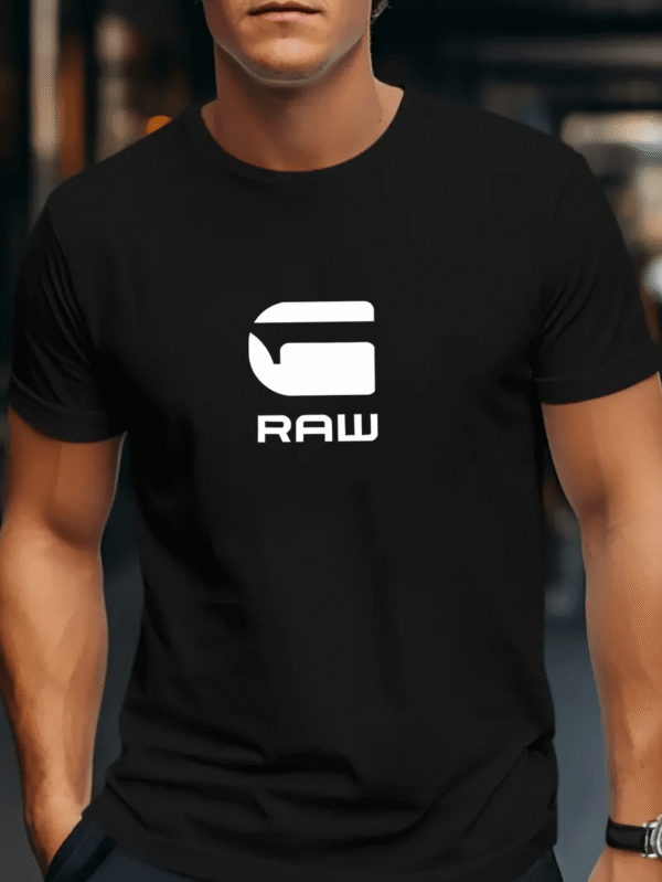 [Graphic T-Shirt] Black Soft Polyester Blend Men's "RAW" Graphic T-Shirt | Casual Short Sleeve Tee with Bold White Lettering, Comfortable & Stylish for Casual Attire, Everyday Tshirt