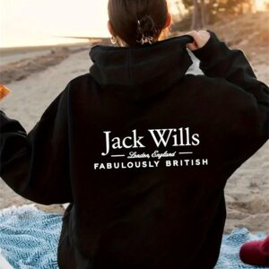 Jack Wills Women'S Slim Fit Hooded Zip-Up Jacket - "FABULOUSLY BRITISH" Print, Comfortable & Warm, All-Season Casual Sporty Outerwear, S-XL Sizes, Black, Hooded Jacket, Versatile Clothing, Geometric Pattern, Durable Fabric