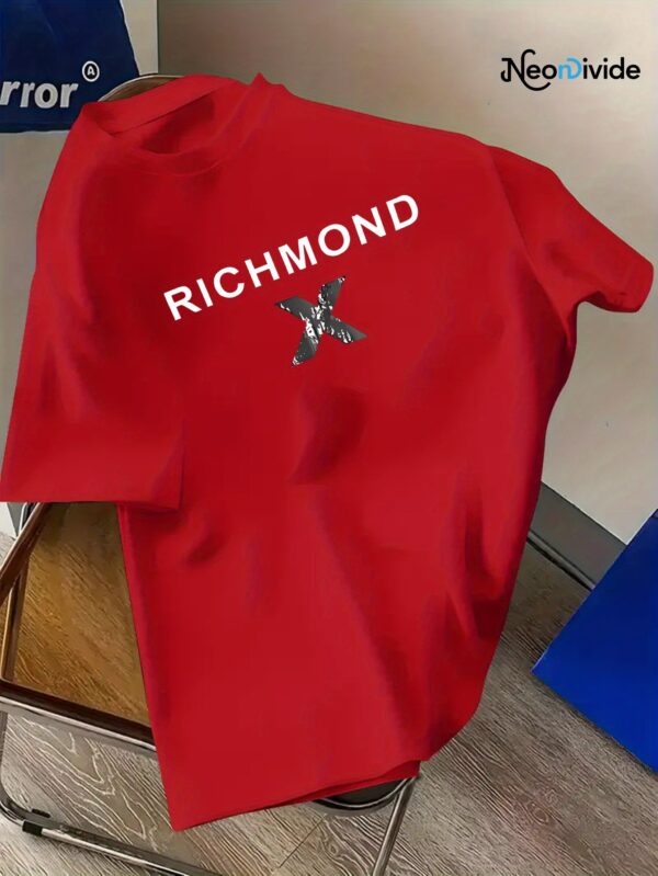 Men's Casual Short Sleeve T-Shirt - Vibrant Red with Bold White "RICHMOND" Letter Print, Regular Fit Round Neck, All-Season Comfort, Machine Washable, Comfortable Tee, Everyday Clothing, Graphic Tee, Durable Fabric, Nontransparent Material, Streetwear Essential, Urban Style, Soft Fabric, Printed Shirt, Adult Clothing