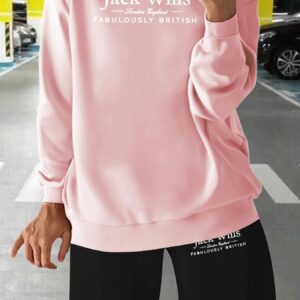 [Cozy Jack Wills] Jack Wills Women's Cozy Long Sleeve Crew Neck Sweatshirt & Jogger Pants Set | Soft Polyester Blend, Geometric Pattern, Casual Fall/Winter Outfit, Comfortable Fabric