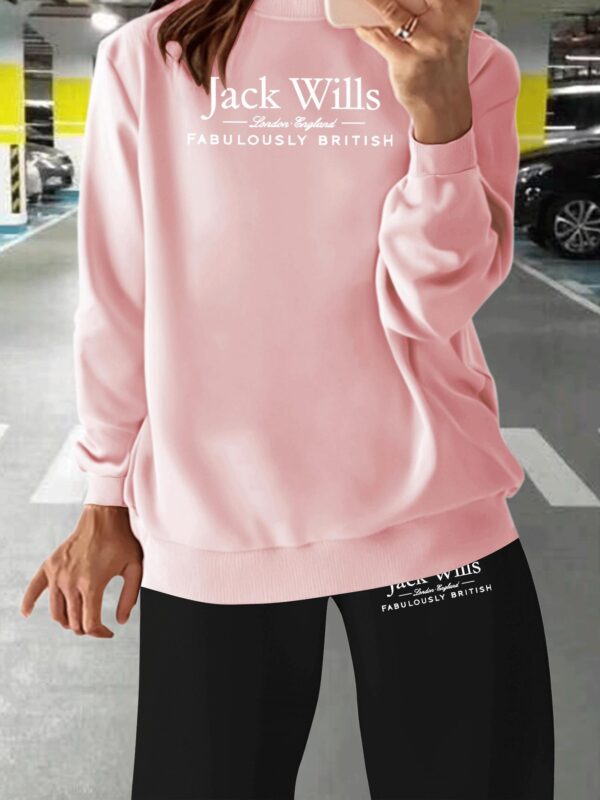 [Cozy Jack Wills] Jack Wills Women's Cozy Long Sleeve Crew Neck Sweatshirt & Jogger Pants Set | Soft Polyester Blend, Geometric Pattern, Casual Fall/Winter Outfit, Comfortable Fabric