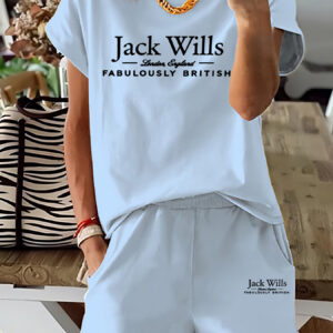 Women'S Casual Two-Piece Set - "Jack Wills" Print T-Shirt & Shorts, Light Blue, Short Sleeve, Round Neck, Elastic Waistband, All-Season Comfort, Casual Attire | Relaxed Fit Tee | Comfortable Wear