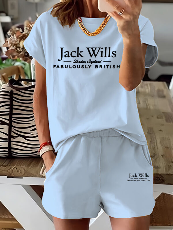 Women'S Casual Two-Piece Set - "Jack Wills" Print T-Shirt & Shorts, Light Blue, Short Sleeve, Round Neck, Elastic Waistband, All-Season Comfort, Casual Attire | Relaxed Fit Tee | Comfortable Wear