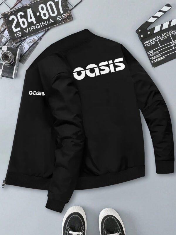 Oasis Band Men'S Zip-Up Jacket - Navy Blue, Casual Stand Collar, Polyester, "Oasis" Print, Perfect for Spring & Fall, Sporty Versatile Design with Ribbed Cuffs & Hem, Machine Washable, Casual Outerwear | Trendy Bomber Jacket | Polyester Jacket - Image 2