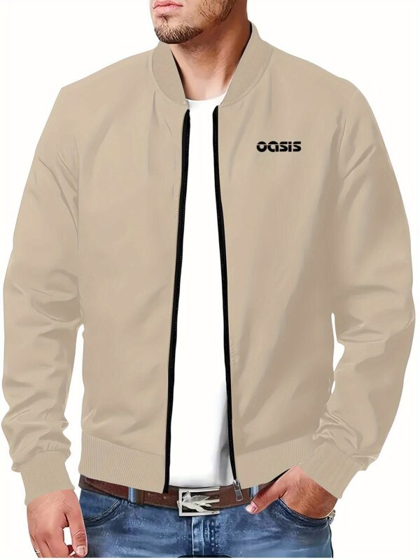 Oasis Band Men'S Zip-Up Jacket - Navy Blue, Casual Stand Collar, Polyester, "Oasis" Print, Perfect for Spring & Fall, Sporty Versatile Design with Ribbed Cuffs & Hem, Machine Washable, Casual Outerwear | Trendy Bomber Jacket | Polyester Jacket - Image 6