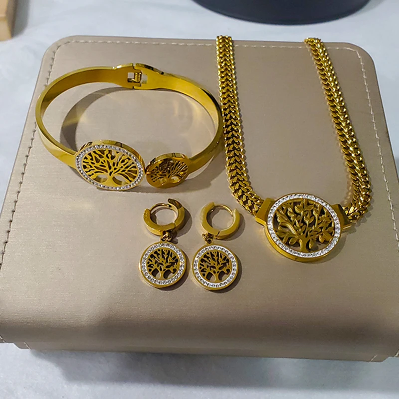 Stainless Steel Golden - Plated Jewelry Set: Chunky Chain Tree of Life Necklace, Hoop Earrings & Bangle Bracelet with Zircon: Factory Seconds/Rejects – Refurbished – Never Used (Brand New) - Image 2