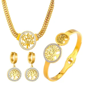 Stainless Steel Golden - Plated Jewelry Set: Chunky Chain Tree of Life Necklace, Hoop Earrings & Bangle Bracelet with Zircon: Factory Seconds/Rejects – Refurbished – Never Used (Brand New)