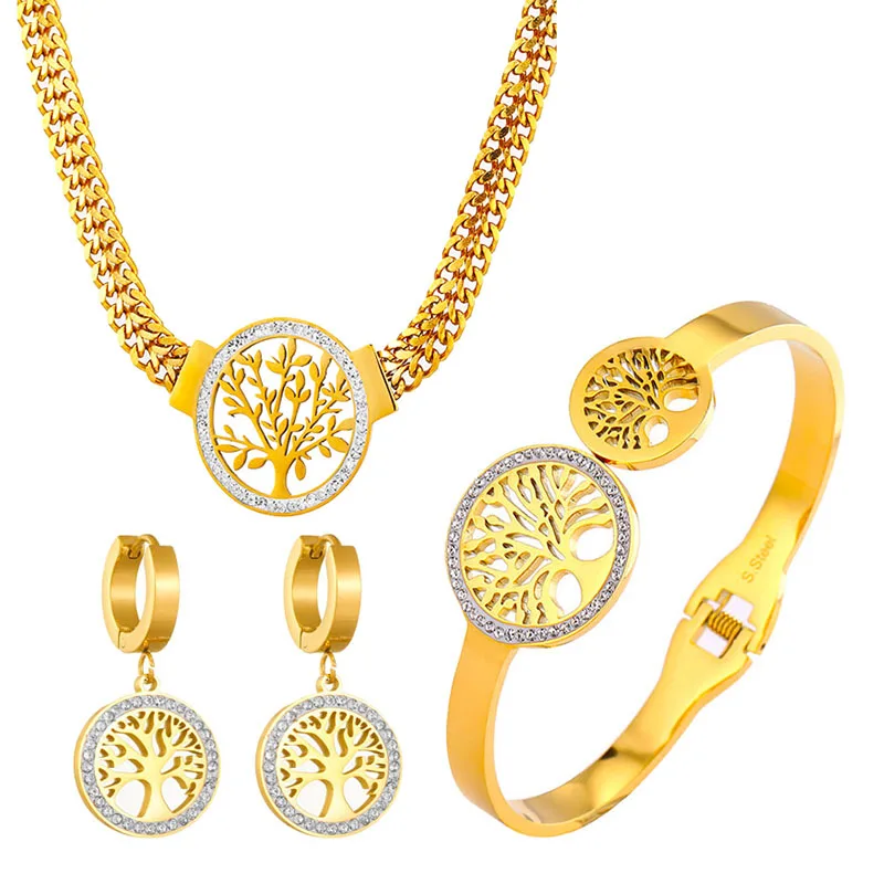 Stainless Steel Golden - Plated Jewelry Set: Chunky Chain Tree of Life Necklace, Hoop Earrings & Bangle Bracelet with Zircon: Factory Seconds/Rejects – Refurbished – Never Used (Brand New)