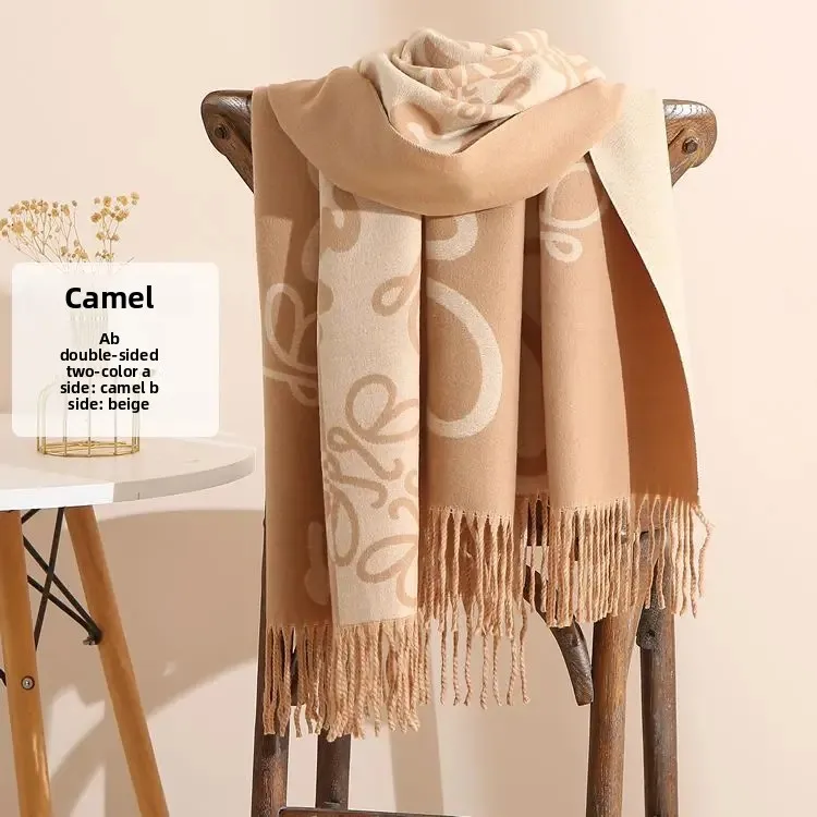 High-Quality Cashmere Feel Scarf Autumn Winter Luxury Brand LOEWE Thick Warm Neck Protection Long Double-Sided Scarf Trendy Shawl: Factory Seconds/Rejects – Refurbished – Never Used (Brand New)