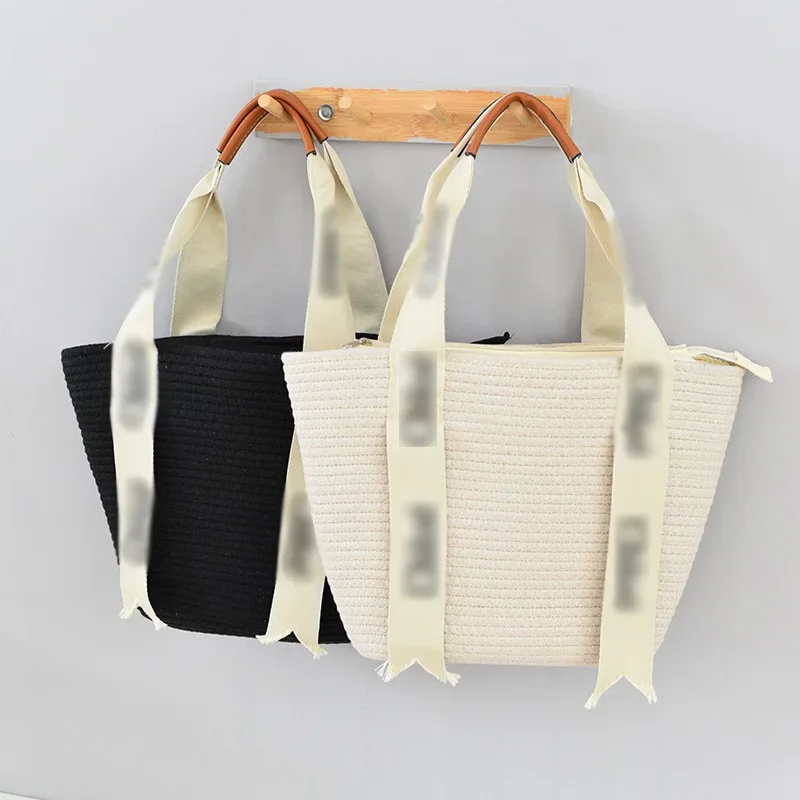 Simple Cotton Woven Tote Bag Summer Large Capacity with Lining Handheld Casual Beach Bag Neutral Minimalist Style Zipper Closure: Factory Seconds/Rejects – Refurbished – Never Used (Brand New) - Image 2
