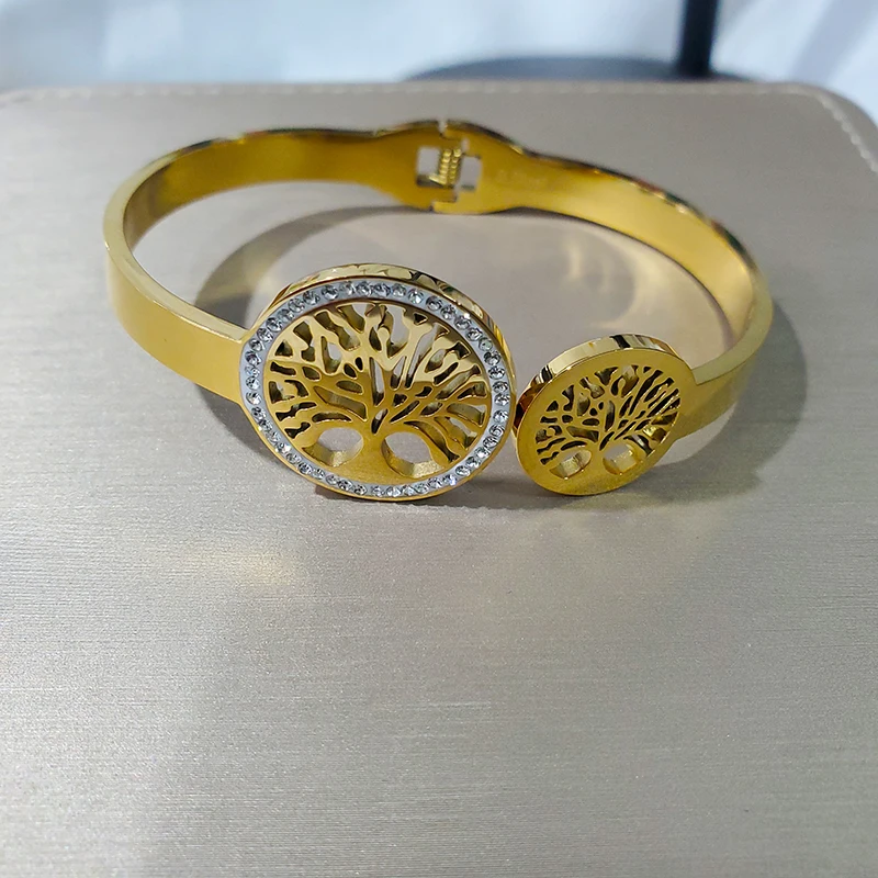 Stainless Steel Golden - Plated Jewelry Set: Chunky Chain Tree of Life Necklace, Hoop Earrings & Bangle Bracelet with Zircon: Factory Seconds/Rejects – Refurbished – Never Used (Brand New) - Image 3