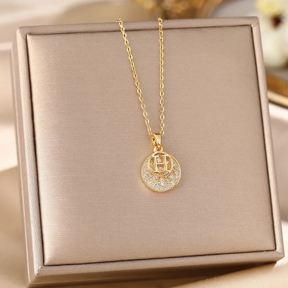 Trendy Titanium Steel H Letter Pendant Necklace Women's Fashion Jewellery Full Diamond round Tag Lock bone Chain Accessory: Factory Seconds/Rejects – Refurbished – Never Used (Brand New) - Image 2