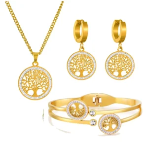 304 Stainless Steel Golden Hollow Inlaid Zircon Tree Of Life Necklace Bangle Earrings Ladies Wedding Jewellery Set: Factory Seconds/Rejects – Refurbished – Never Used (Brand New)