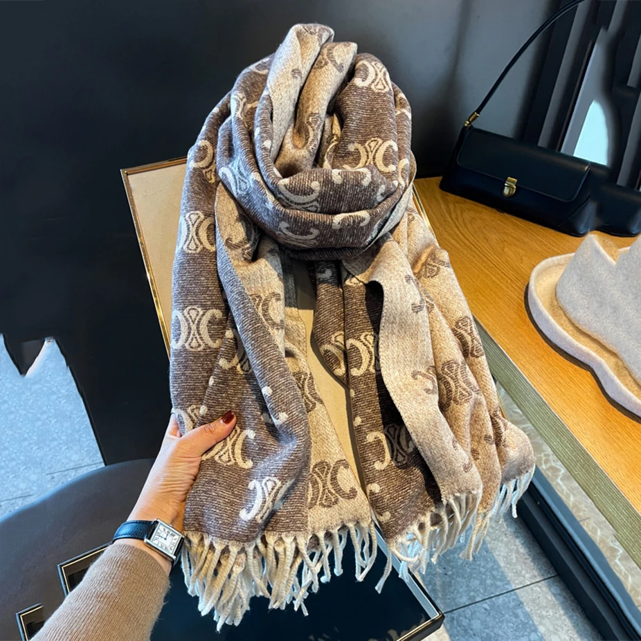 Fashion Luxury Brand CELINE Soft Faux Cashmere Shawl Long Scarf Double Sides Women Winter Warm Neckerchief Spring Autumn Cape: Factory Seconds/Rejects – Refurbished – Never Used (Brand New) - Image 2