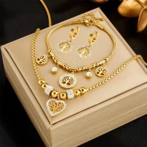 316L Stainless Steel Minimalist Retro Metal Multi-layer Chain Heart Round Brand Life Tree Necklace Bracelet Woman Jewellery Set: Factory Seconds/Rejects – Refurbished – Never Used (Brand New)