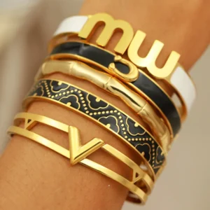 316L Classic Stainless Steel Metal Letter M Bangles for Women Elegant Rust-proof Flower Metal Bamboo Bracelets Wrist Jewellery: Factory Seconds/Rejects – Refurbished – Never Used (Brand New)