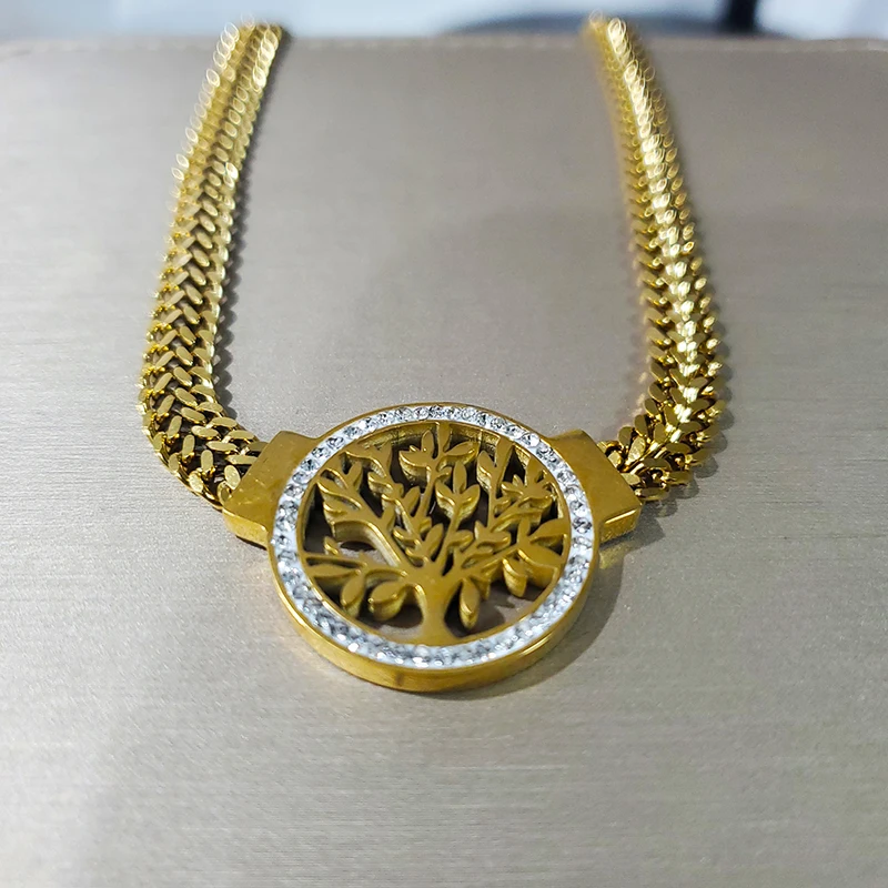 Stainless Steel Golden - Plated Jewelry Set: Chunky Chain Tree of Life Necklace, Hoop Earrings & Bangle Bracelet with Zircon: Factory Seconds/Rejects – Refurbished – Never Used (Brand New) - Image 4