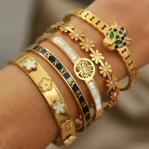 316L Stainless Steel Crystal Leopard Bangles for Women Vintage Bracelets Rust-proof Flower Zirconia Tree Wrist Jewellery Gift: Factory Seconds/Rejects – Refurbished – Never Used (Brand New)