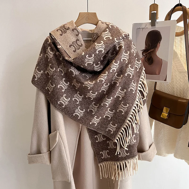 Fashion Luxury Brand CELINE Soft Faux Cashmere Shawl Long Scarf Double Sides Women Winter Warm Neckerchief Spring Autumn Cape: Factory Seconds/Rejects – Refurbished – Never Used (Brand New)