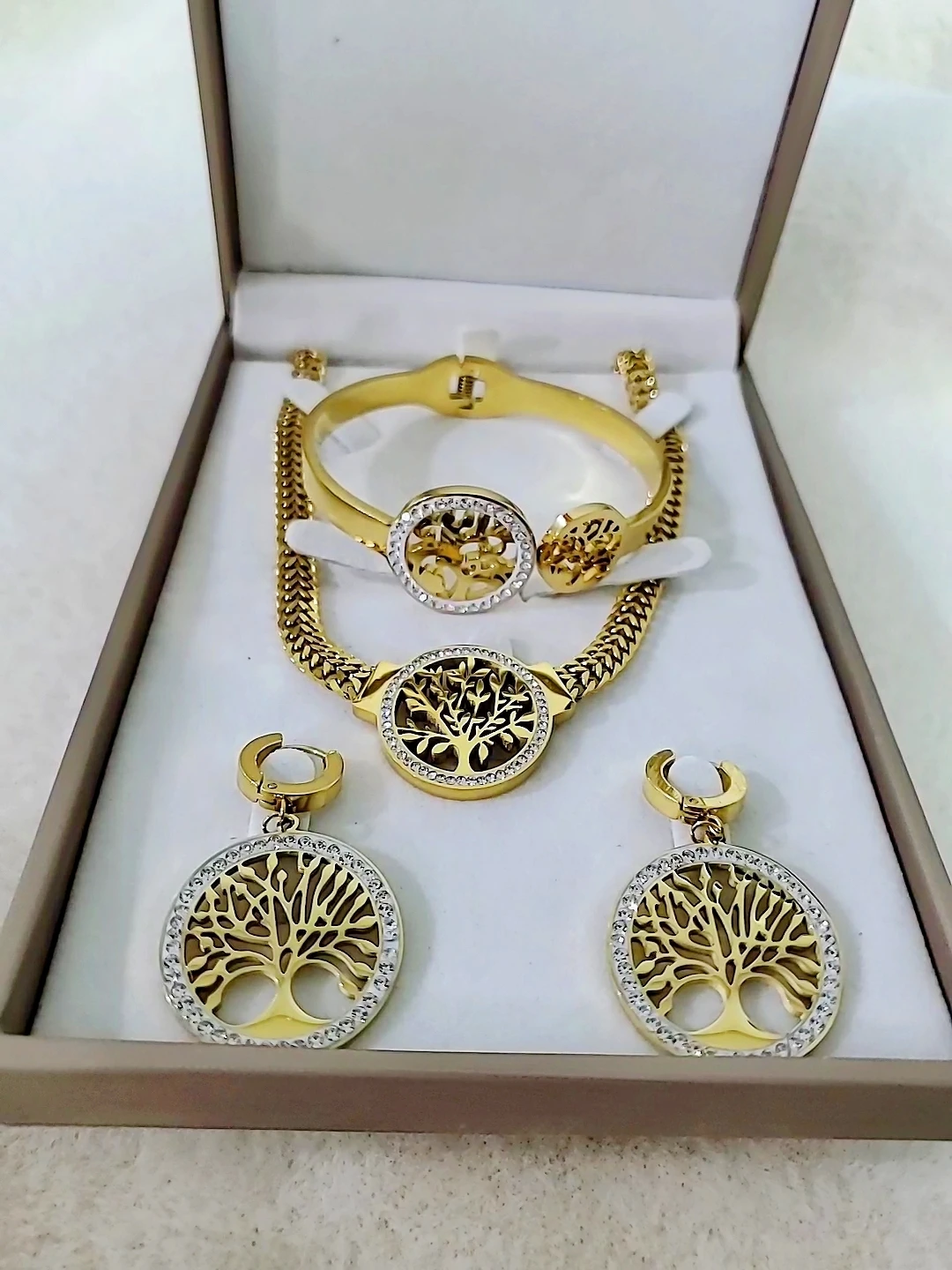 Stainless Steel Golden - Plated Jewelry Set: Chunky Chain Tree of Life Necklace, Hoop Earrings & Bangle Bracelet with Zircon: Factory Seconds/Rejects – Refurbished – Never Used (Brand New) - Image 6