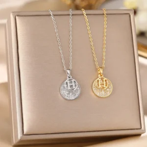 Trendy Titanium Steel H Letter Pendant Necklace Women's Fashion Jewellery Full Diamond round Tag Lock bone Chain Accessory: Factory Seconds/Rejects – Refurbished – Never Used (Brand New)