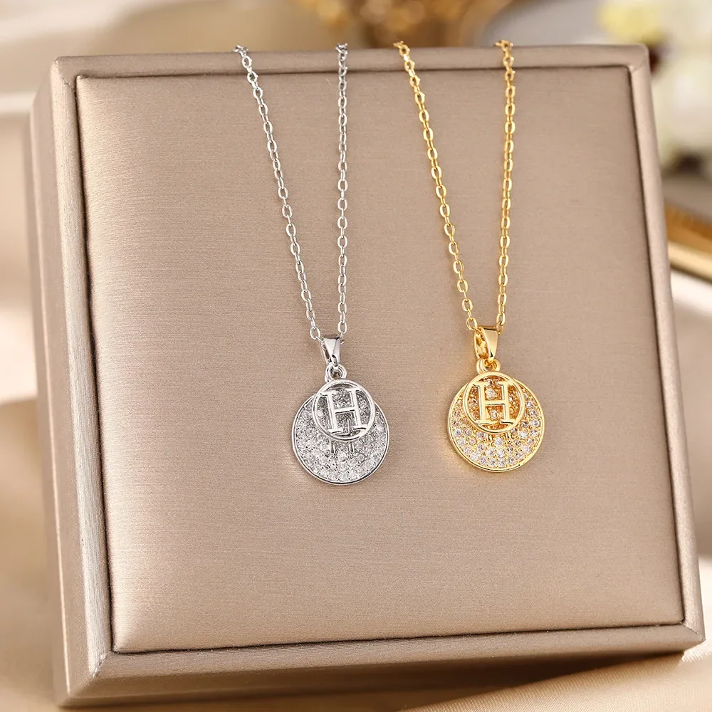 Trendy Titanium Steel H Letter Pendant Necklace Women's Fashion Jewellery Full Diamond round Tag Lock bone Chain Accessory: Factory Seconds/Rejects – Refurbished – Never Used (Brand New)
